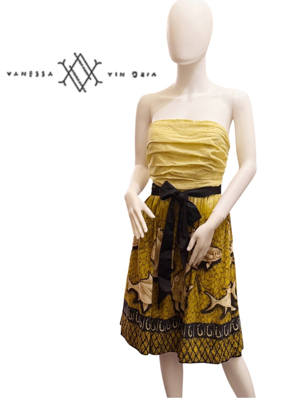 Anthropologie Strapless Olive Green Fish-Print Dress with Black Waist
